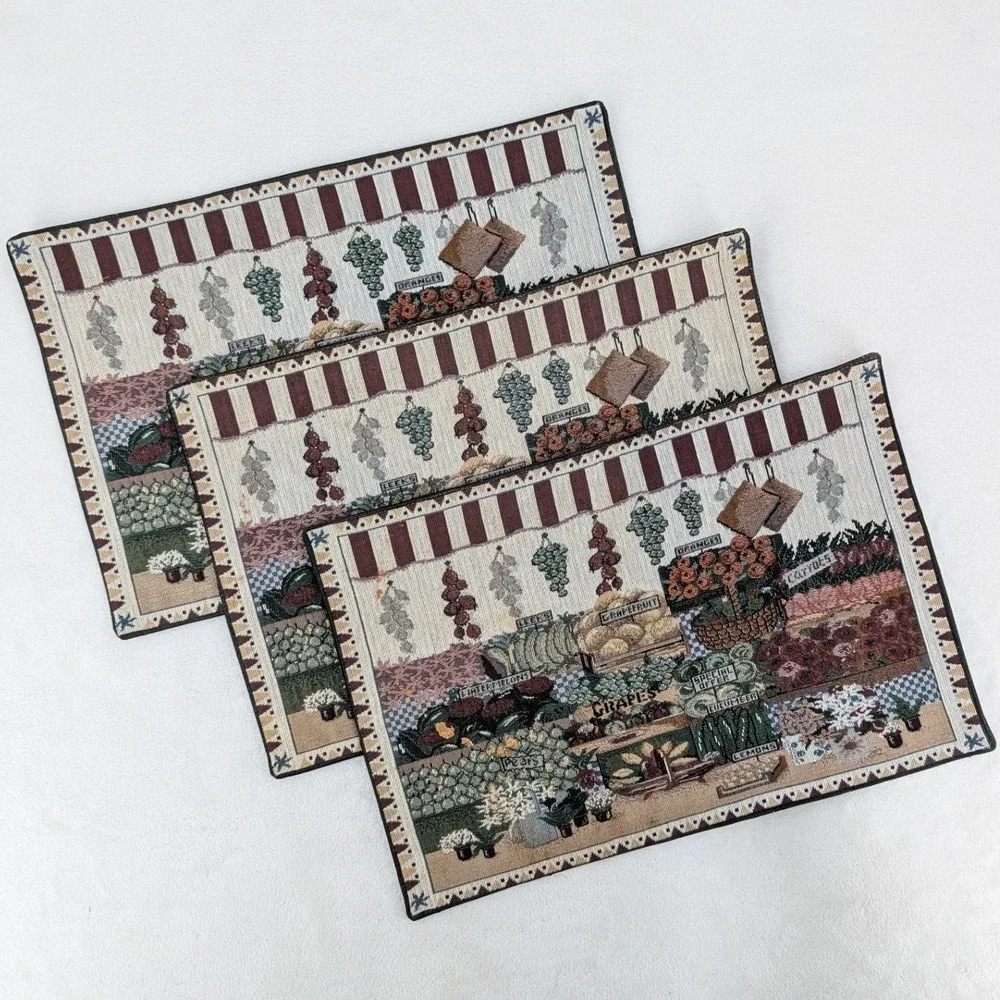 Woven Vintage Tapestry Farmers Market Placemats Set of 3 Fruit Vegetable 13x19